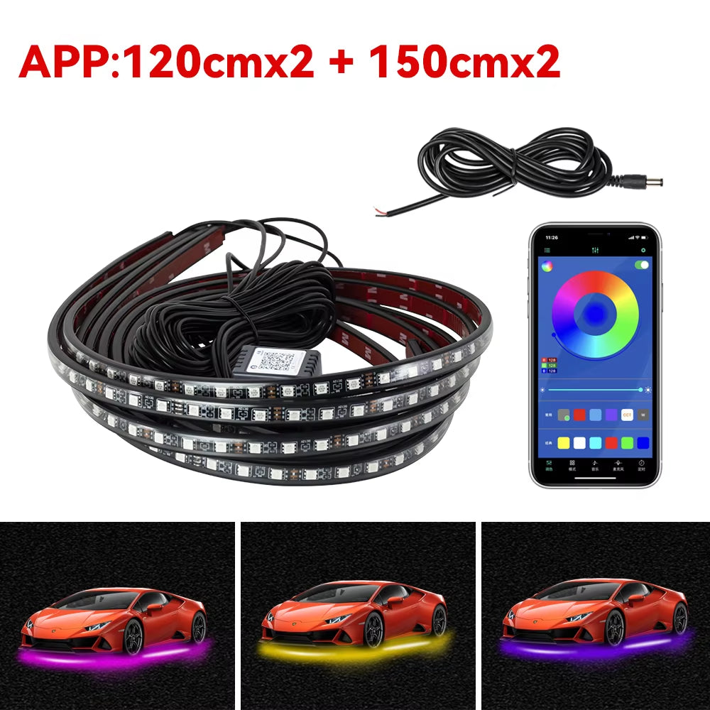 Car Underbody Light Decorative Lamp Neon LED RGB Car Underglow Bottom Light Remote/App Control Flexible Waterproof LED Strip